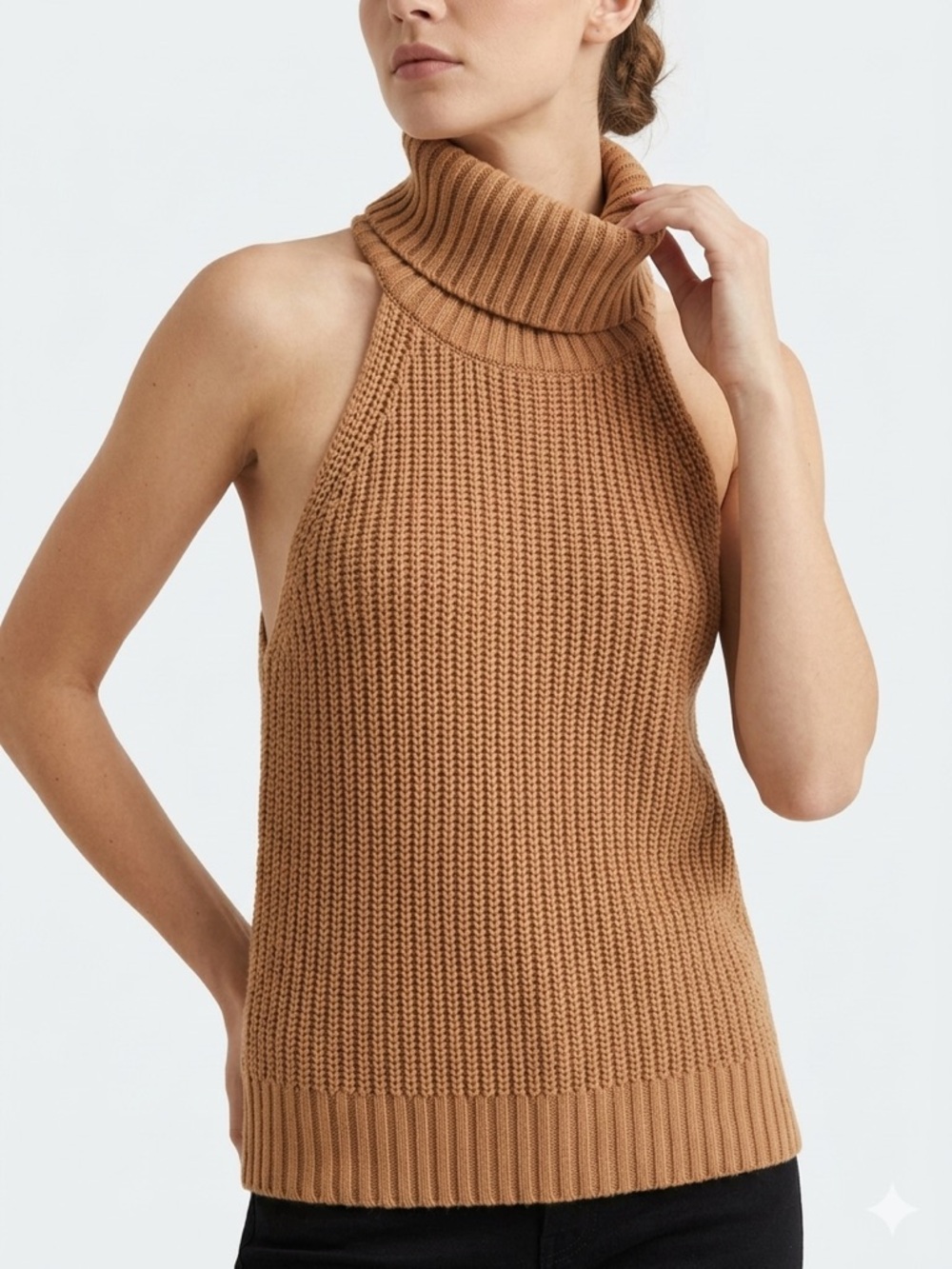 NUDE Turtleneck Halter Knit Sweater Open Back Ribbed Sleeveless Tan Small Medium